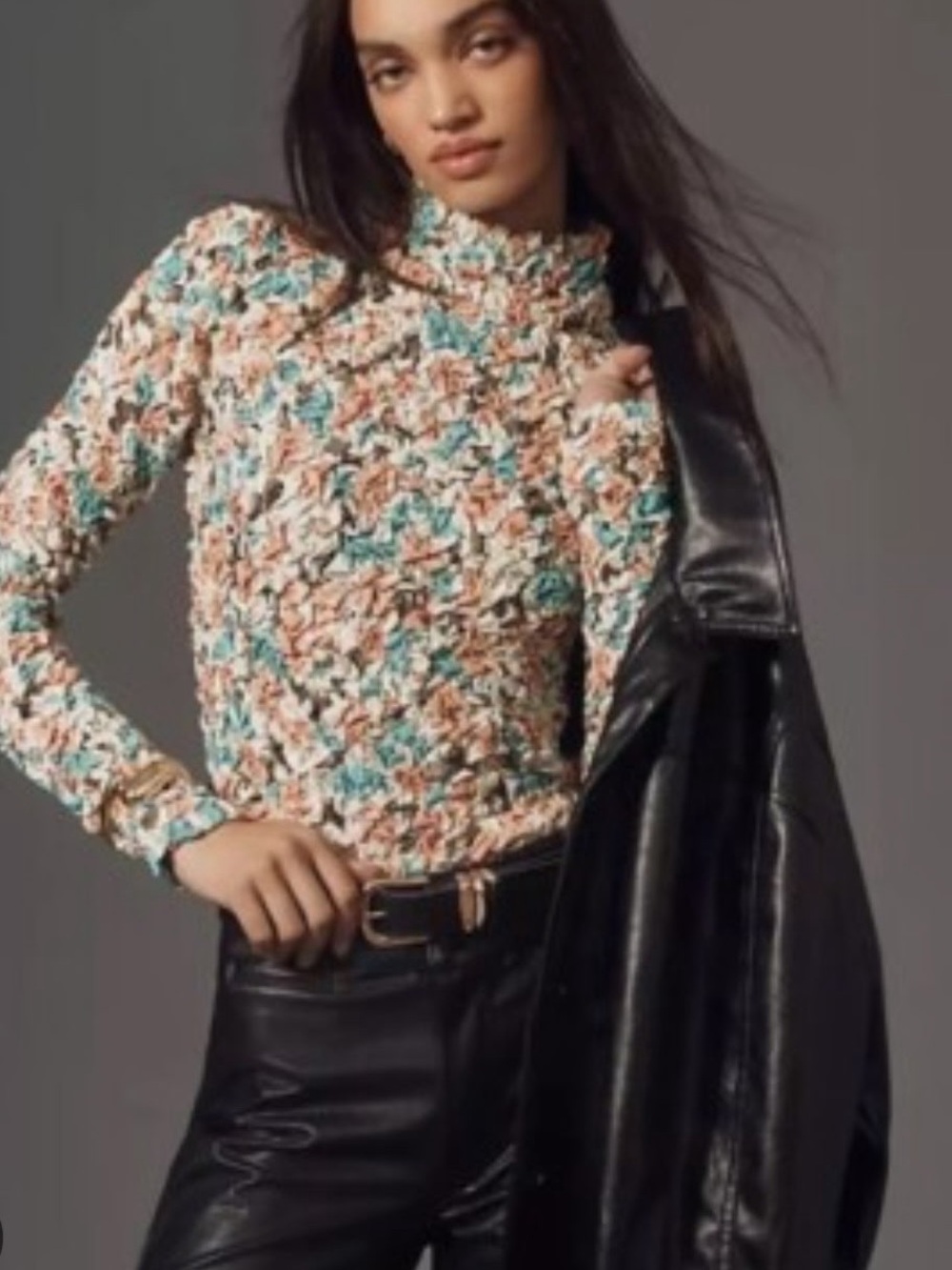 dolan Teal, Coral & Cream pebble Smocked Floral Mock-Neck Top